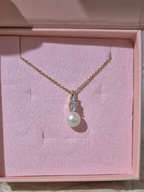 Gold Pearl Pendant Necklace with CZ Accents - White Pearl